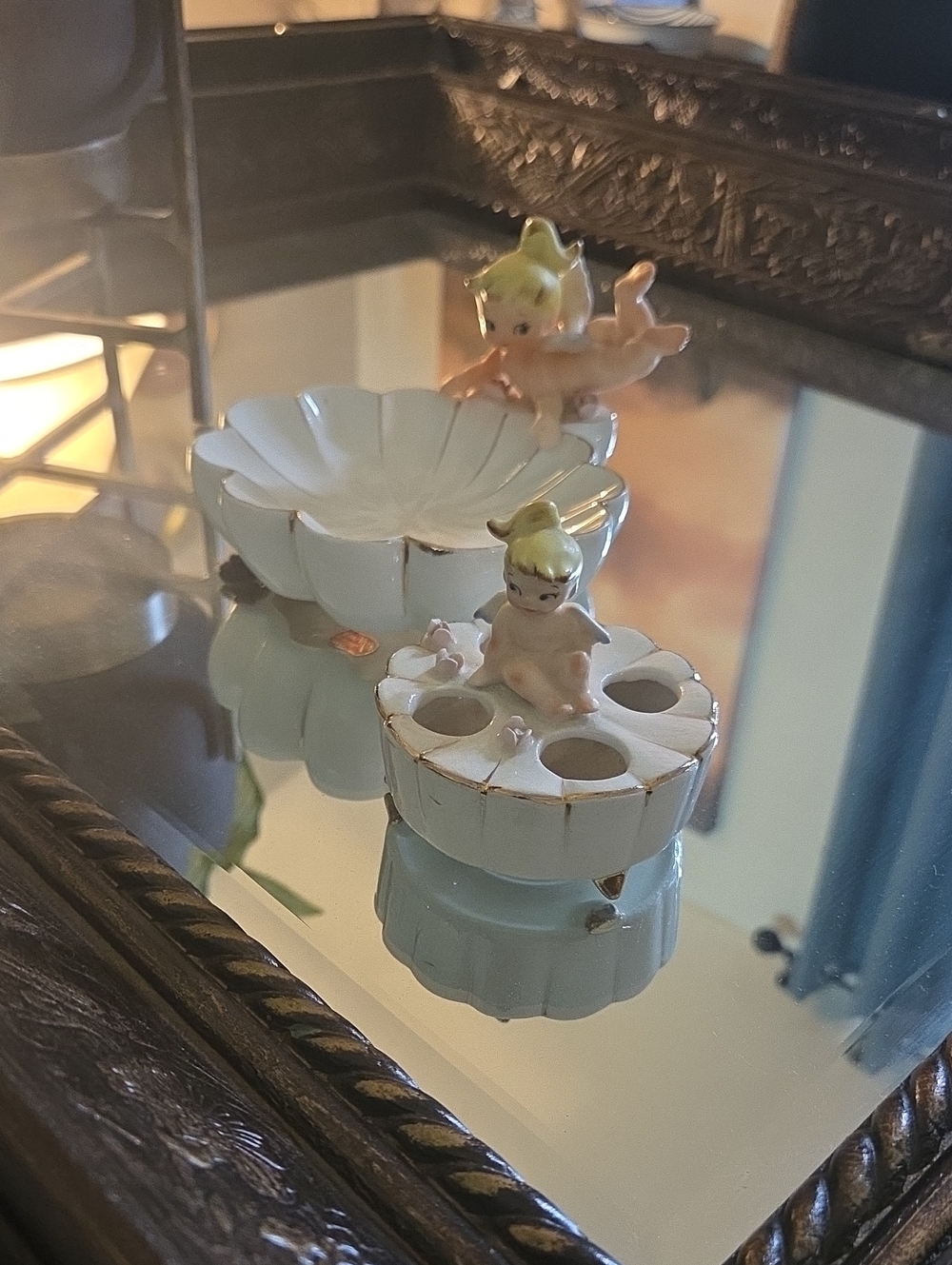 Vintage Ceramic Cherub Trinket Dishes - Pale Blue and Gold